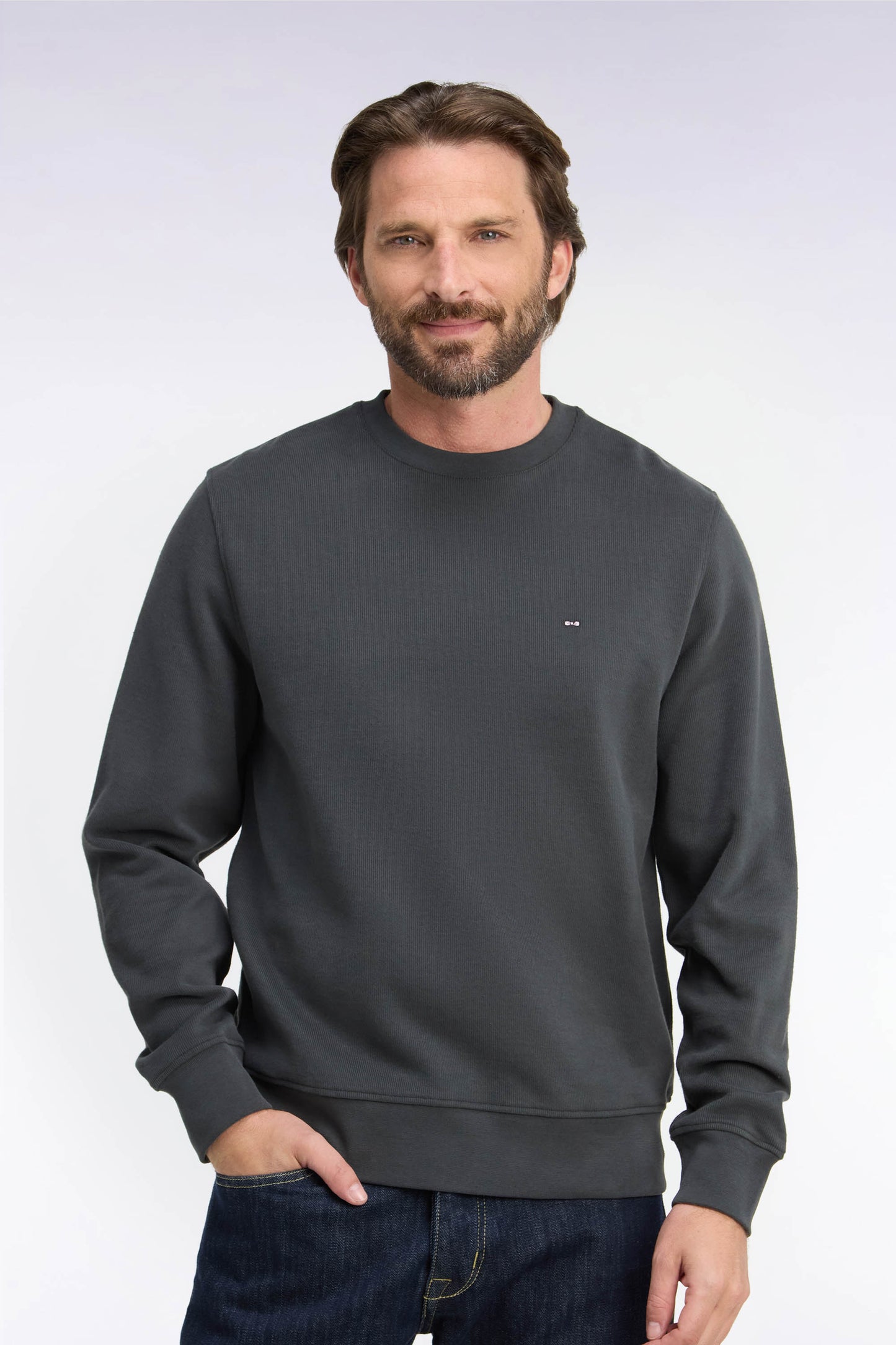Sweatshirt à col rond en molleton coton kaki coupe droite