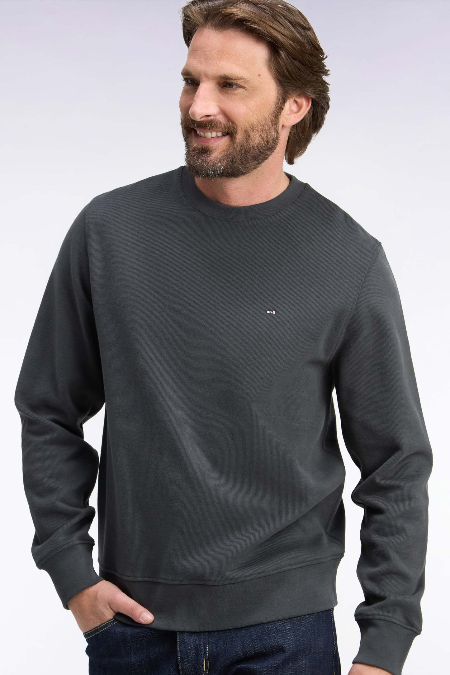 Sweatshirt à col rond en molleton coton kaki coupe droite