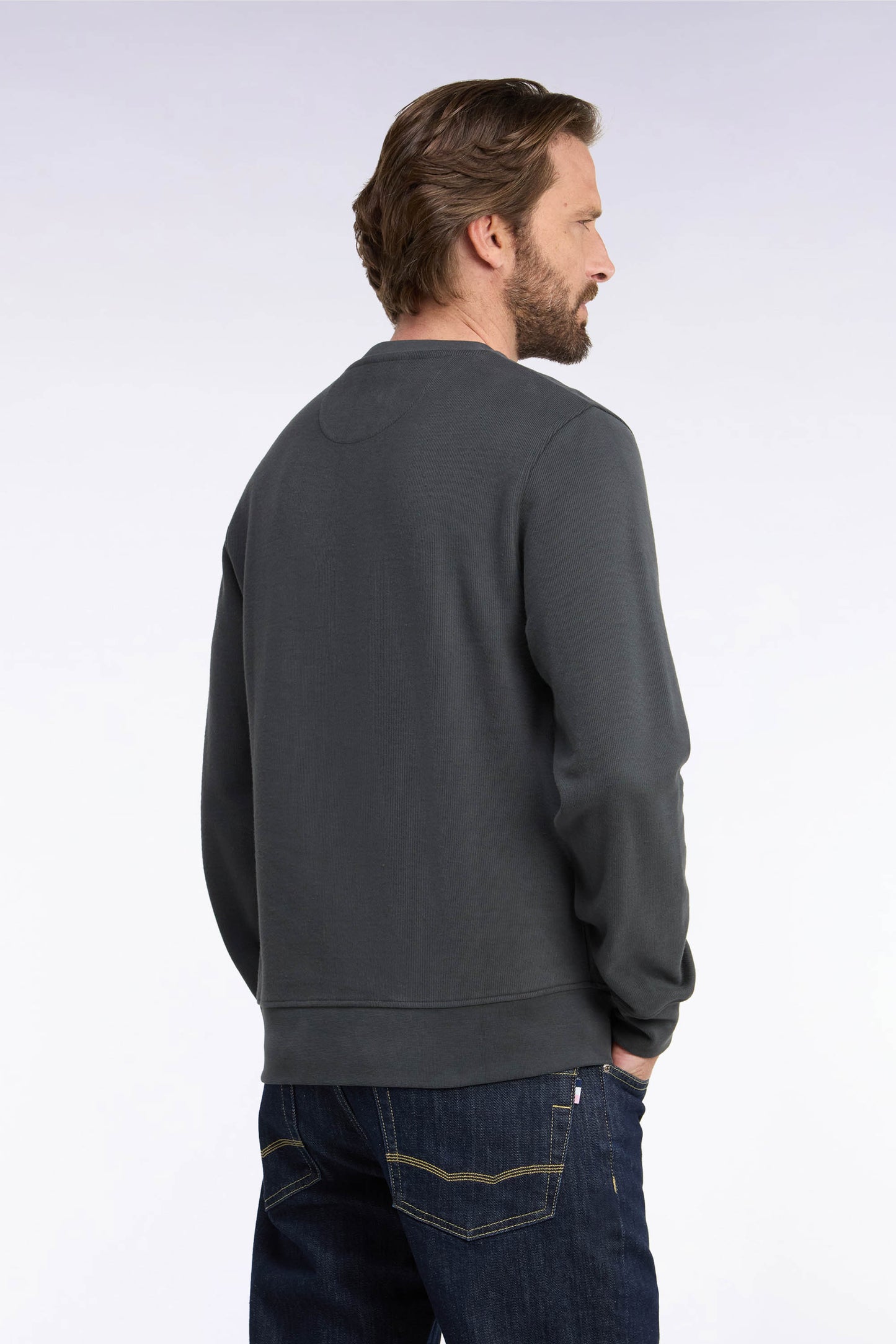 Sweatshirt à col rond en molleton coton kaki coupe droite