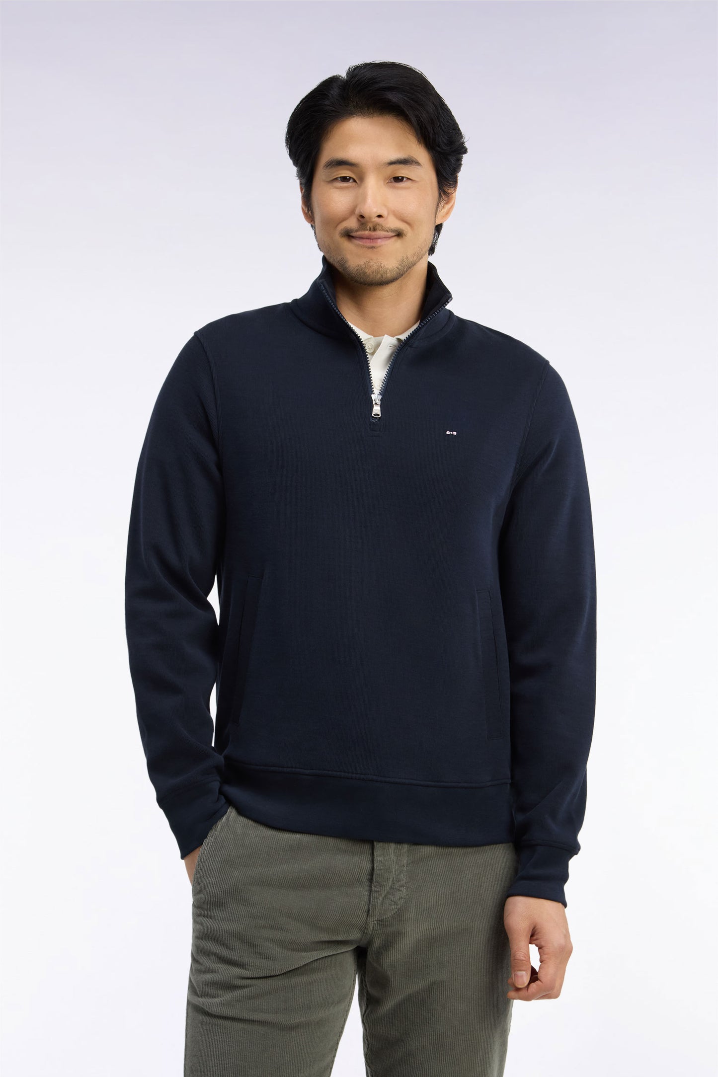 Sweatshirt col camionneur en molleton coton marine coupe droite