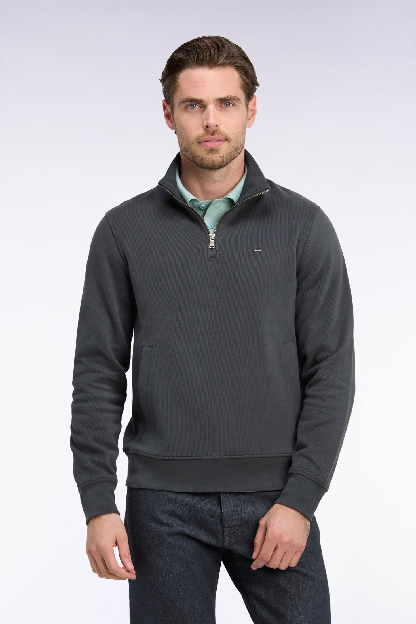 Sweatshirt col camionneur en molleton coton kaki coupe droite