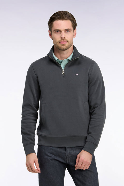 Sweatshirt col camionneur en molleton coton kaki coupe droite - Image 3