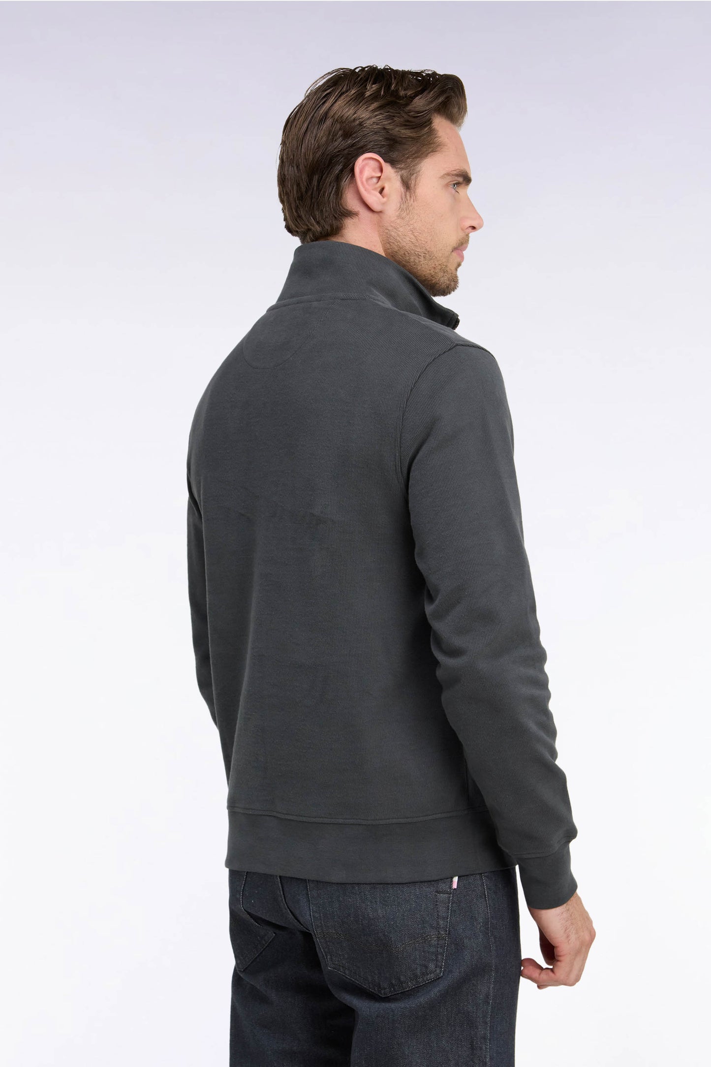Sweatshirt col camionneur en molleton coton kaki coupe droite