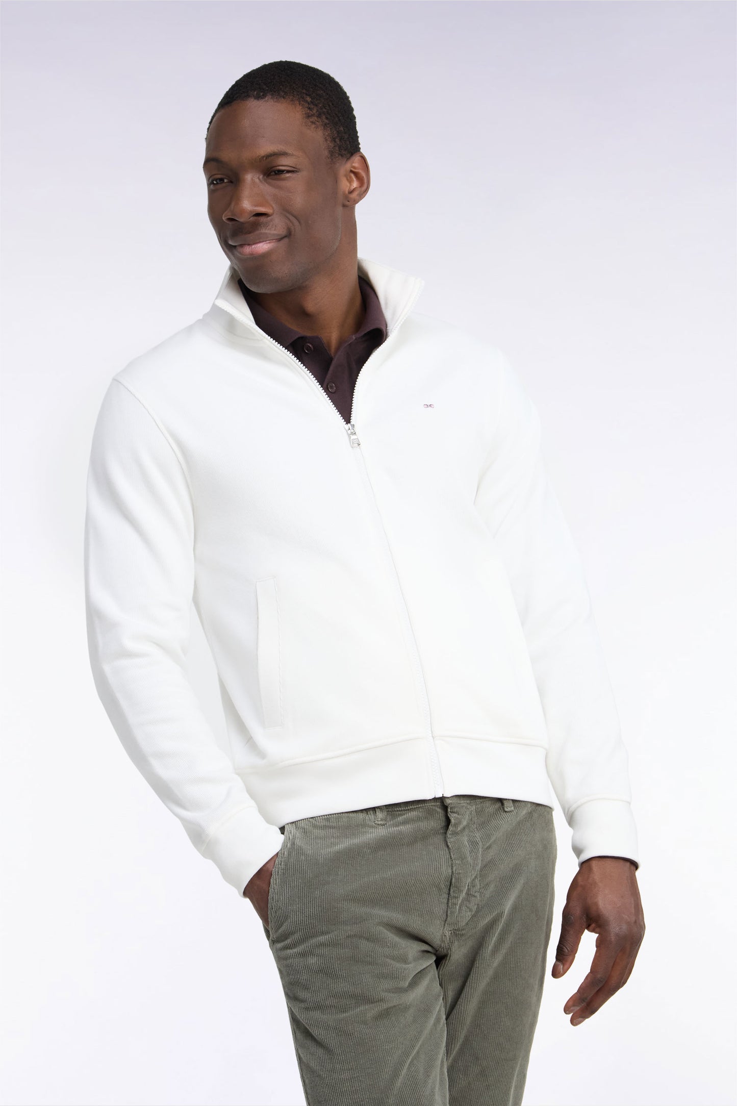 Sweatshirt zippé en molleton coton écru coupe droite