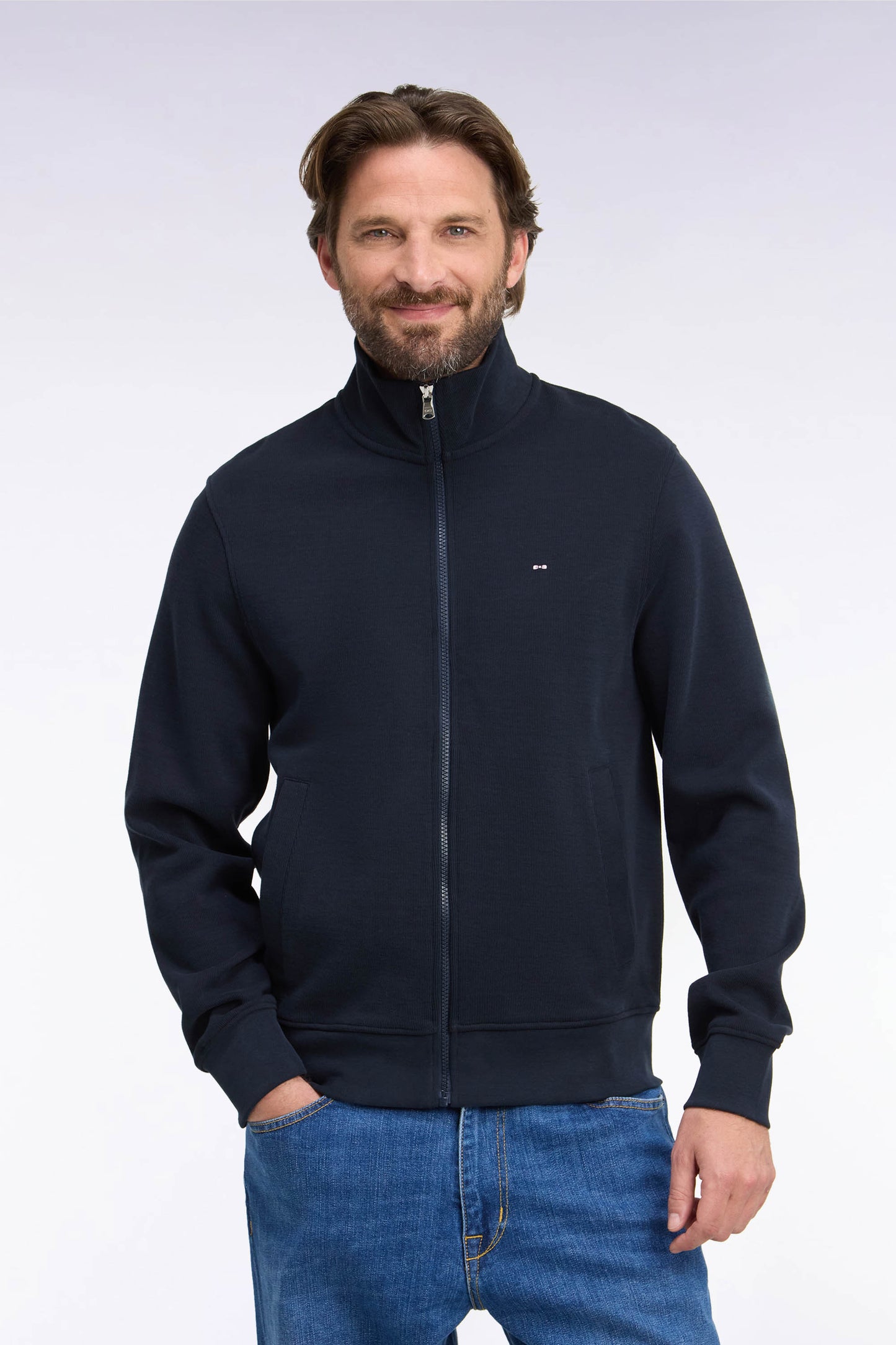 Sweatshirt zippé en molleton coton marine coupe droite
