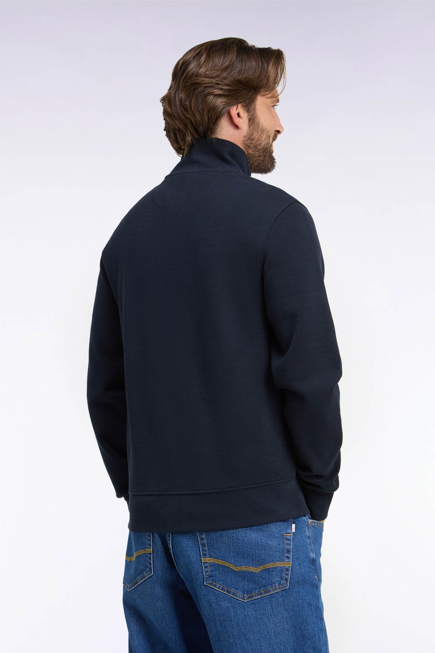 Sweatshirt zippé en molleton coton marine coupe droite