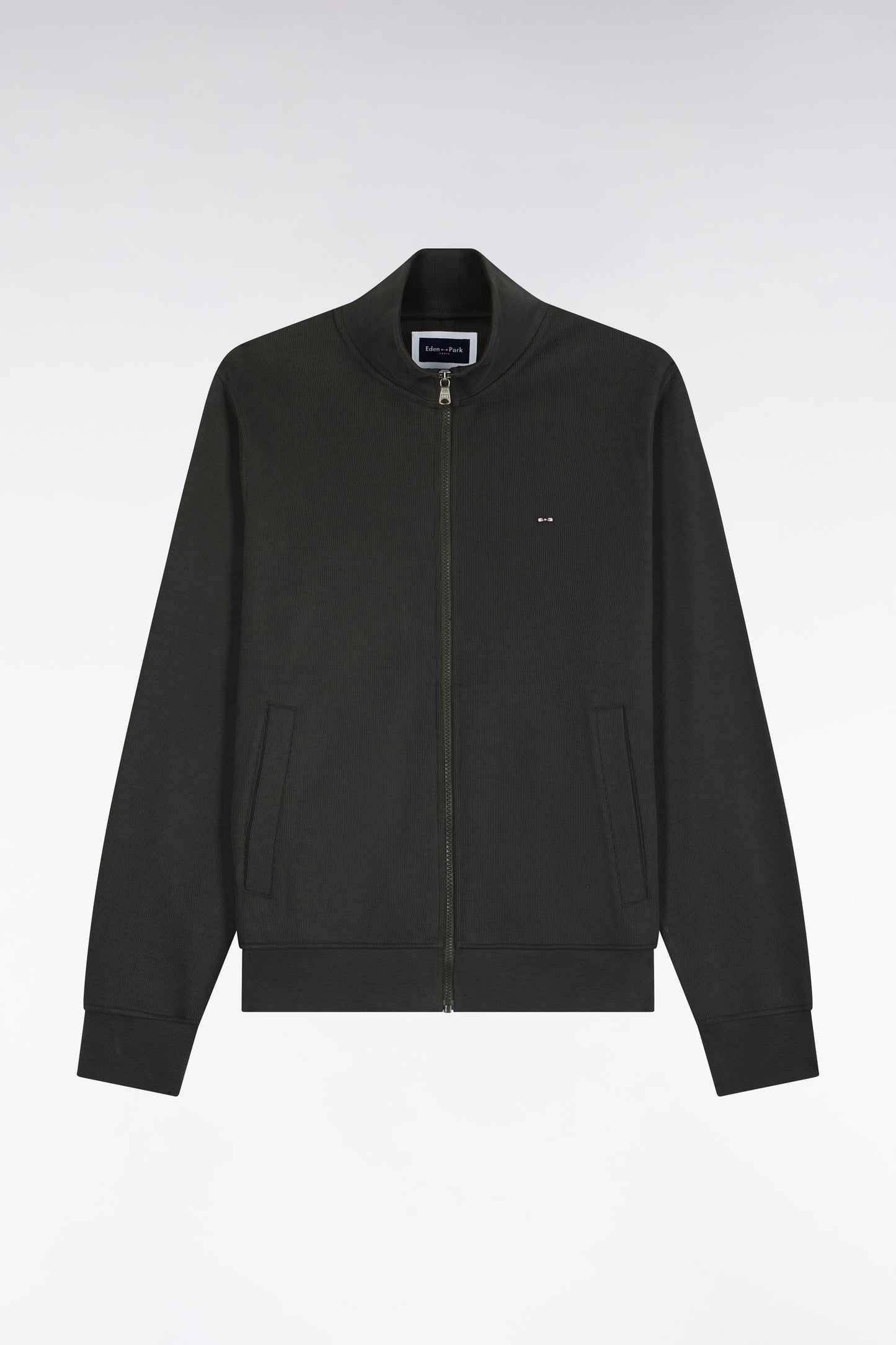 Sweatshirt zippé en molleton coton kaki coupe droite