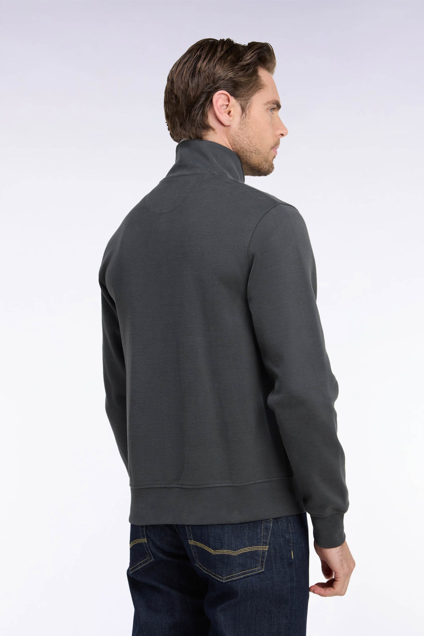 Sweatshirt zippé en molleton coton kaki coupe droite