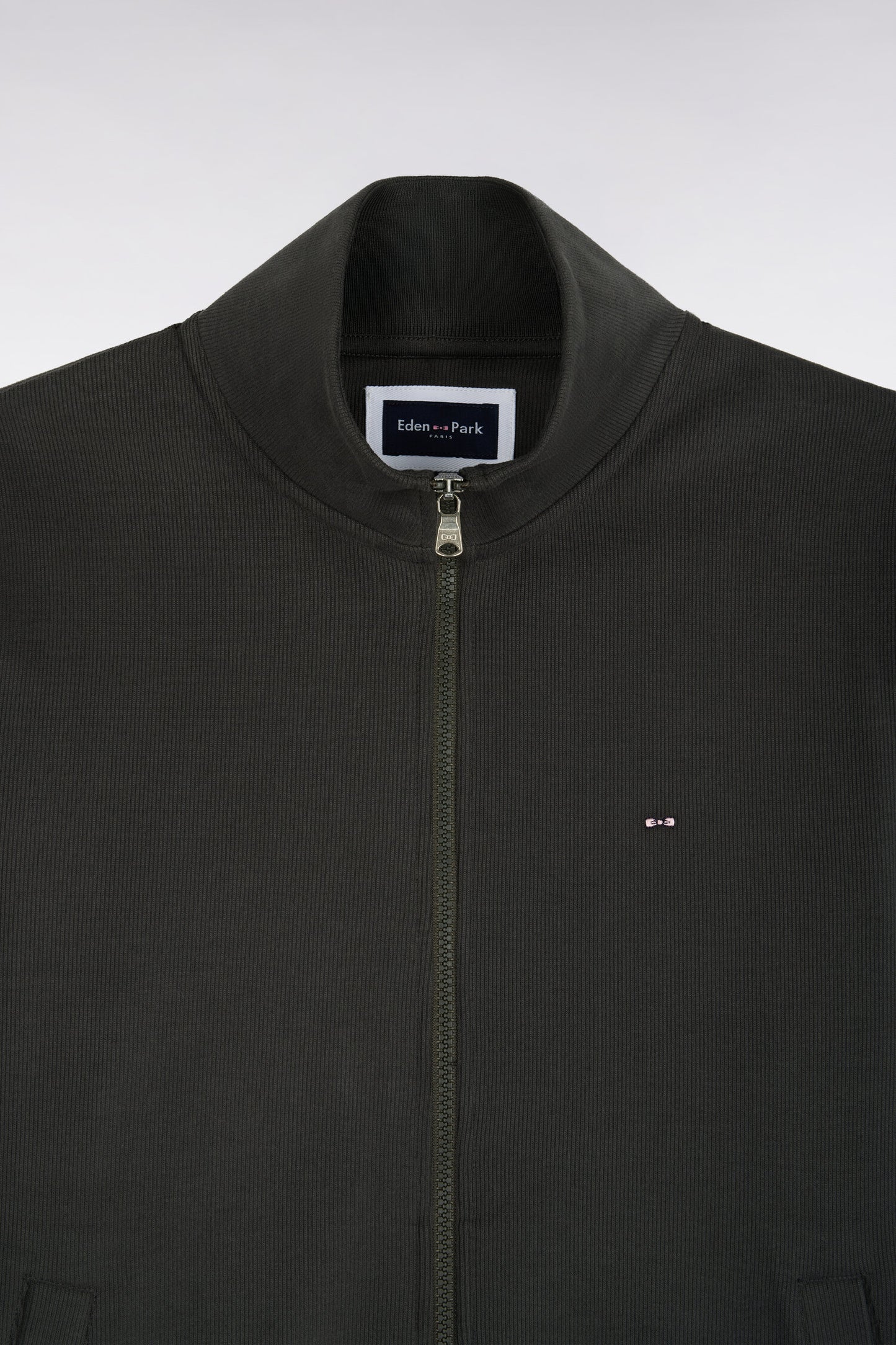 Sweatshirt zippé en molleton coton kaki coupe droite