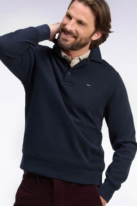 Sweatshirt col polo en coton marine coupe droite - Image 1