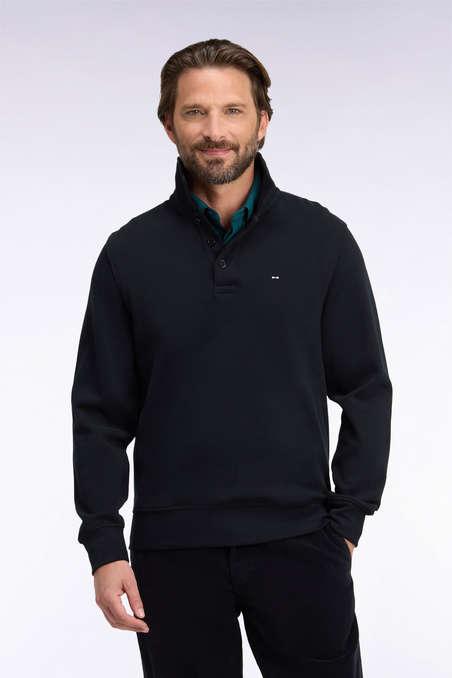 Sweatshirt col polo en coton noir coupe droite