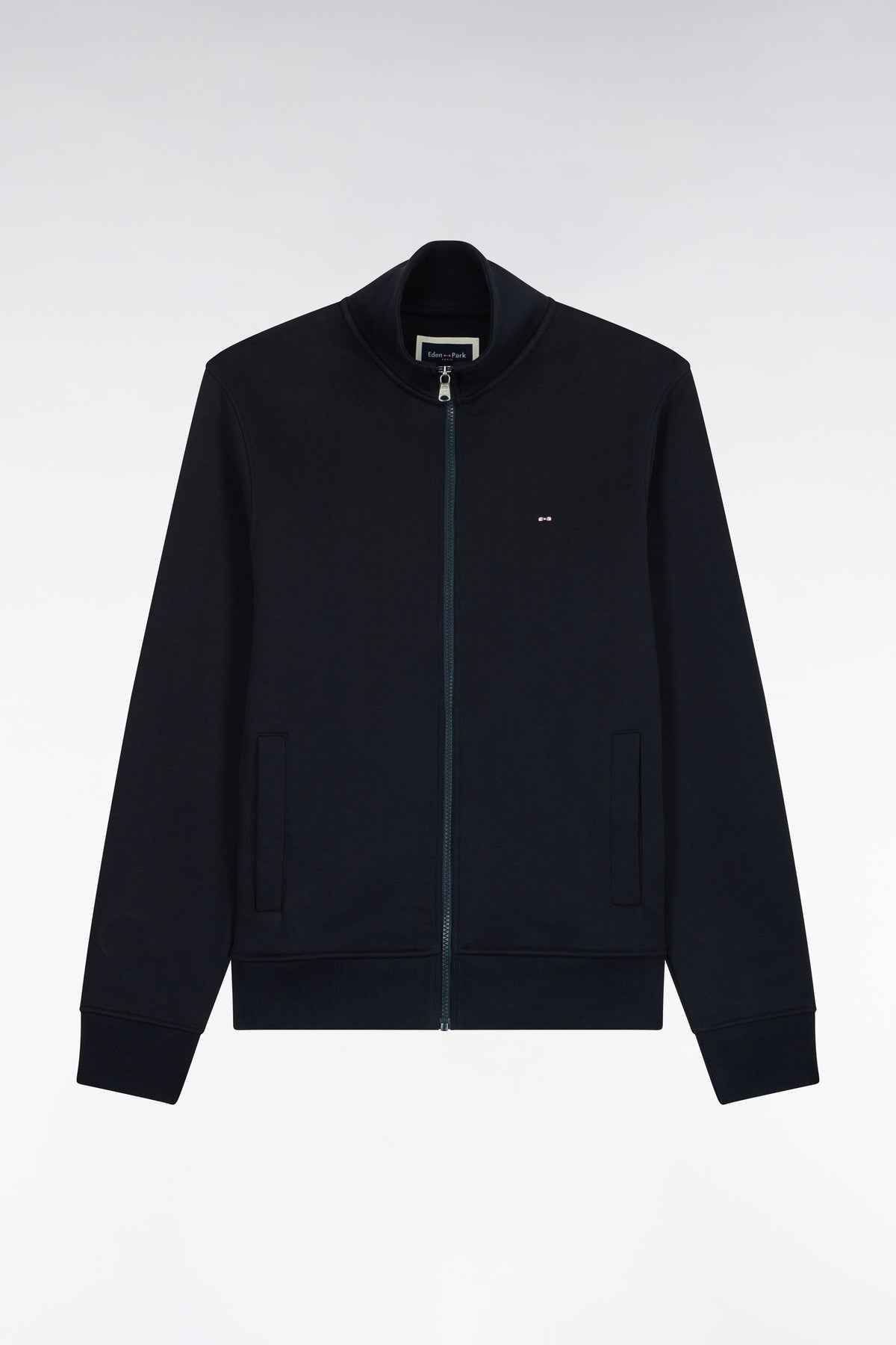 Zippered sweatshirt with trucker collar in navy cotton, straight cut