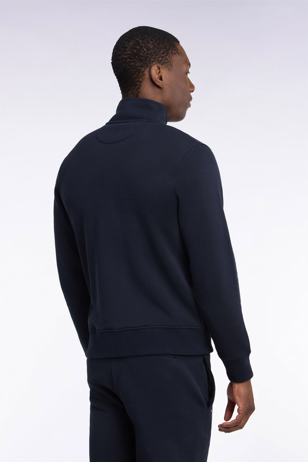 Zippered sweatshirt with trucker collar in navy cotton, straight cut