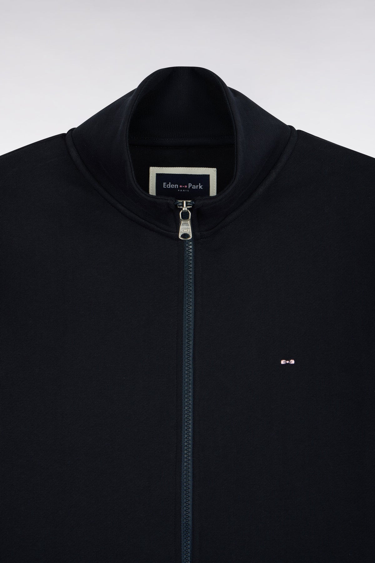 Zippered sweatshirt with trucker collar in navy cotton, straight cut