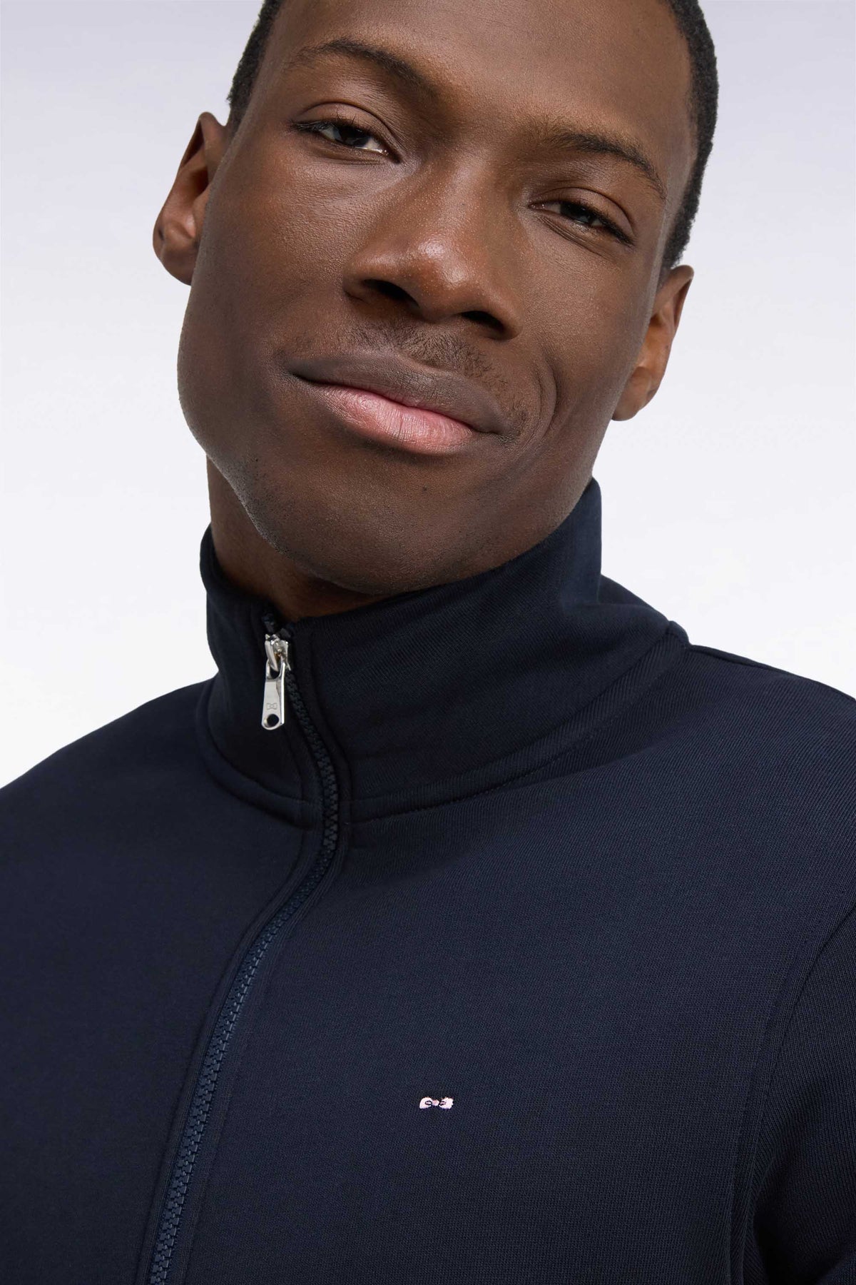 Zippered sweatshirt with trucker collar in navy cotton, straight cut