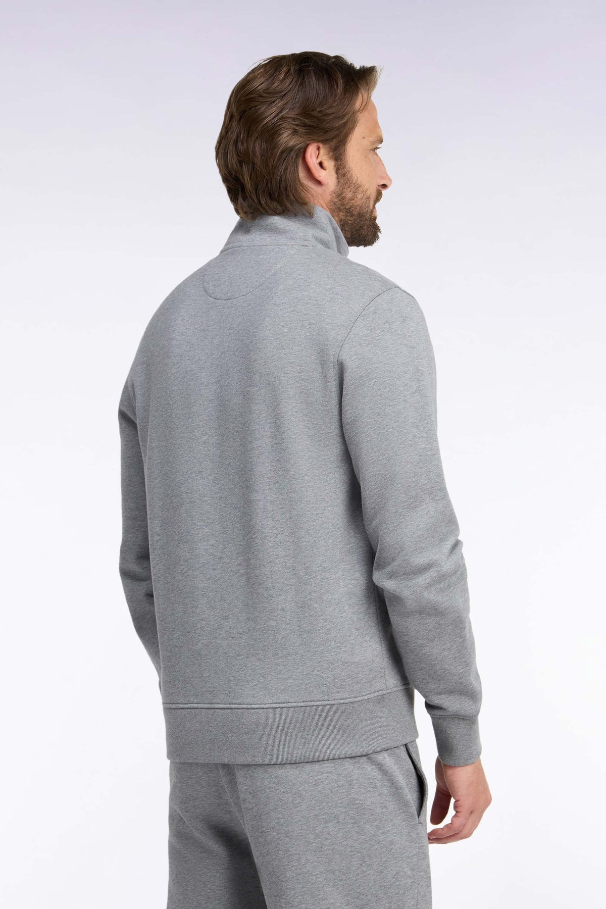 Sweatshirt zippé à col camionneur en coton gris coupe droite