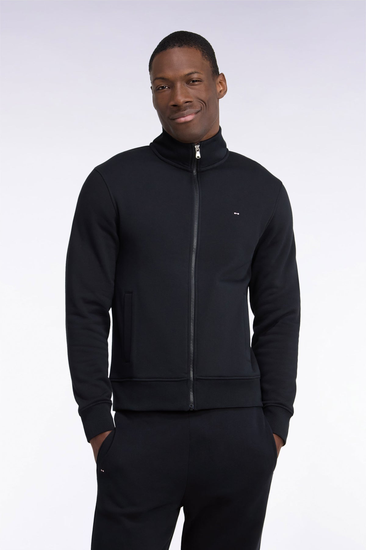 Straight cut black cotton trucker neck zipped sweatshirt