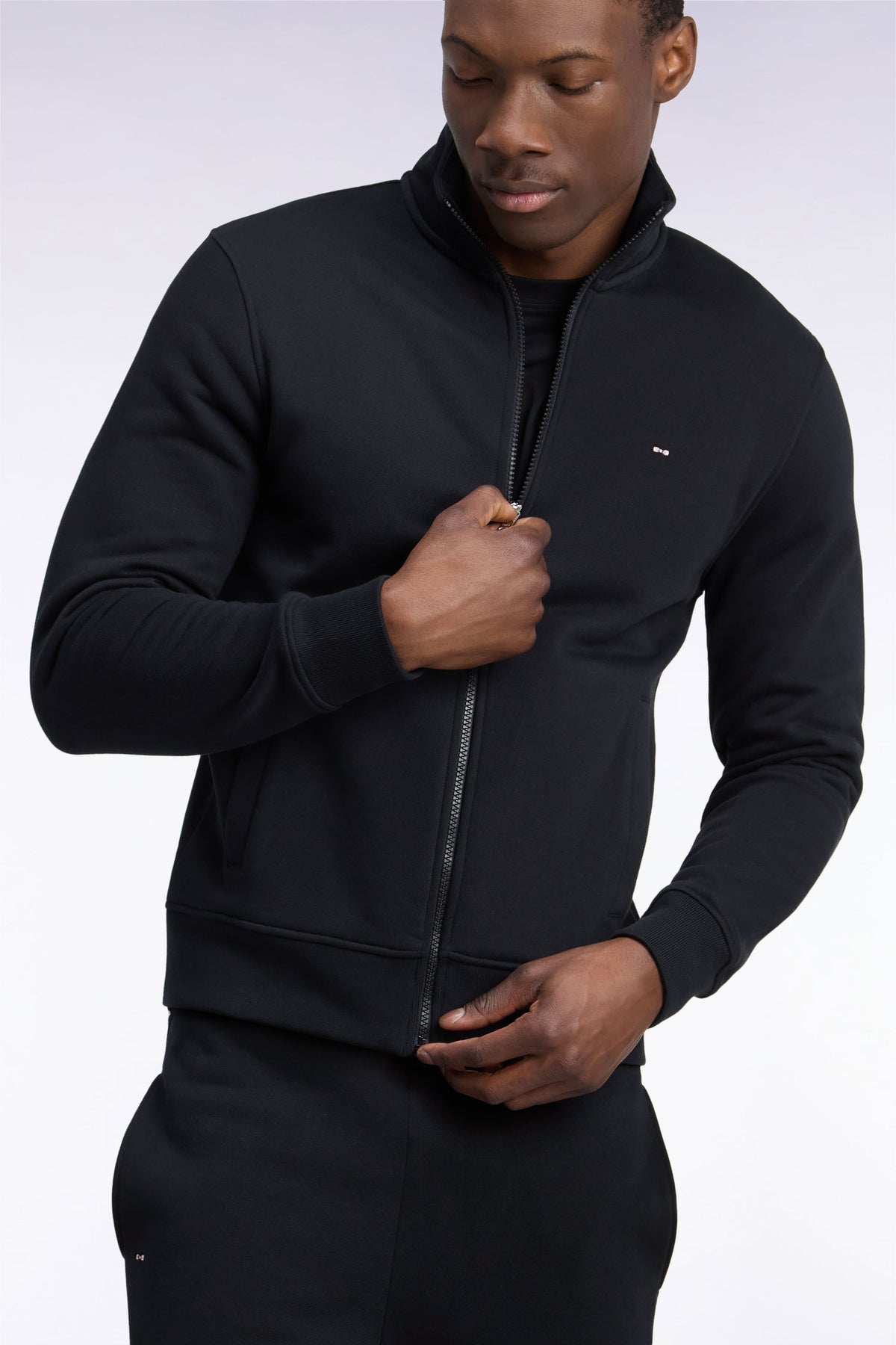 Straight cut black cotton trucker neck zipped sweatshirt