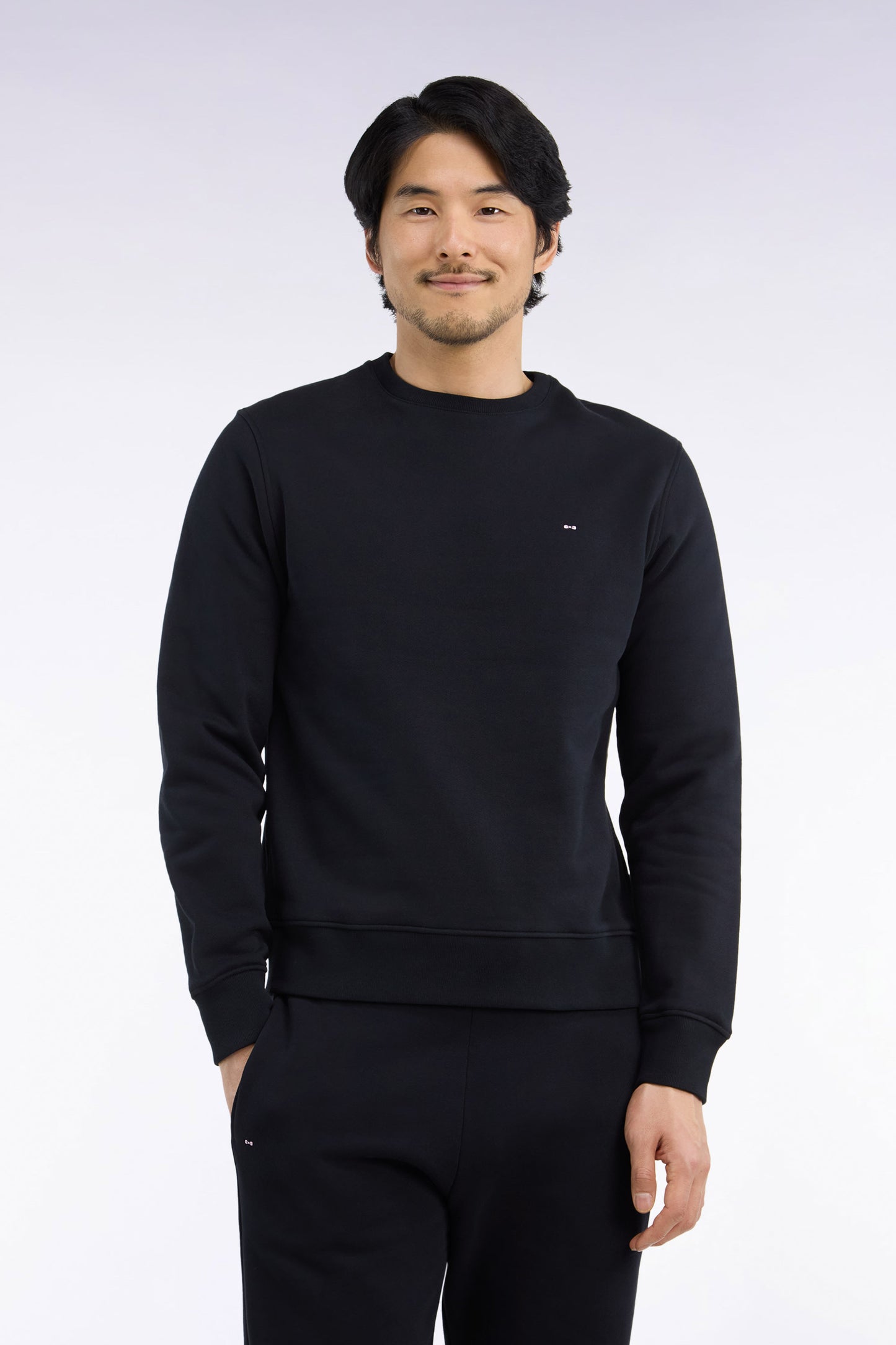 Sweatshirt col rond en molleton coton noir coupe droite