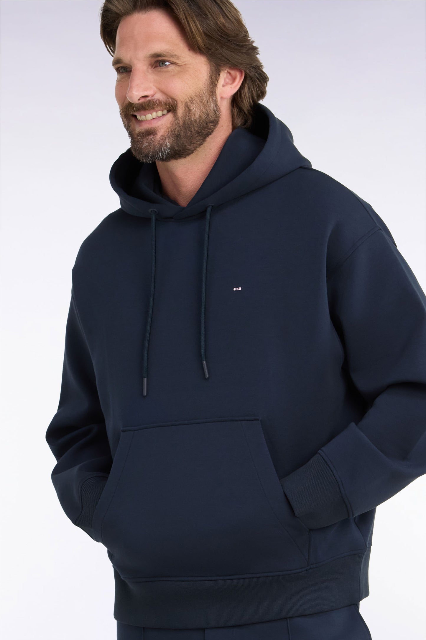 Sweatshirt à capuche unisexe en interlock marine coupe loose