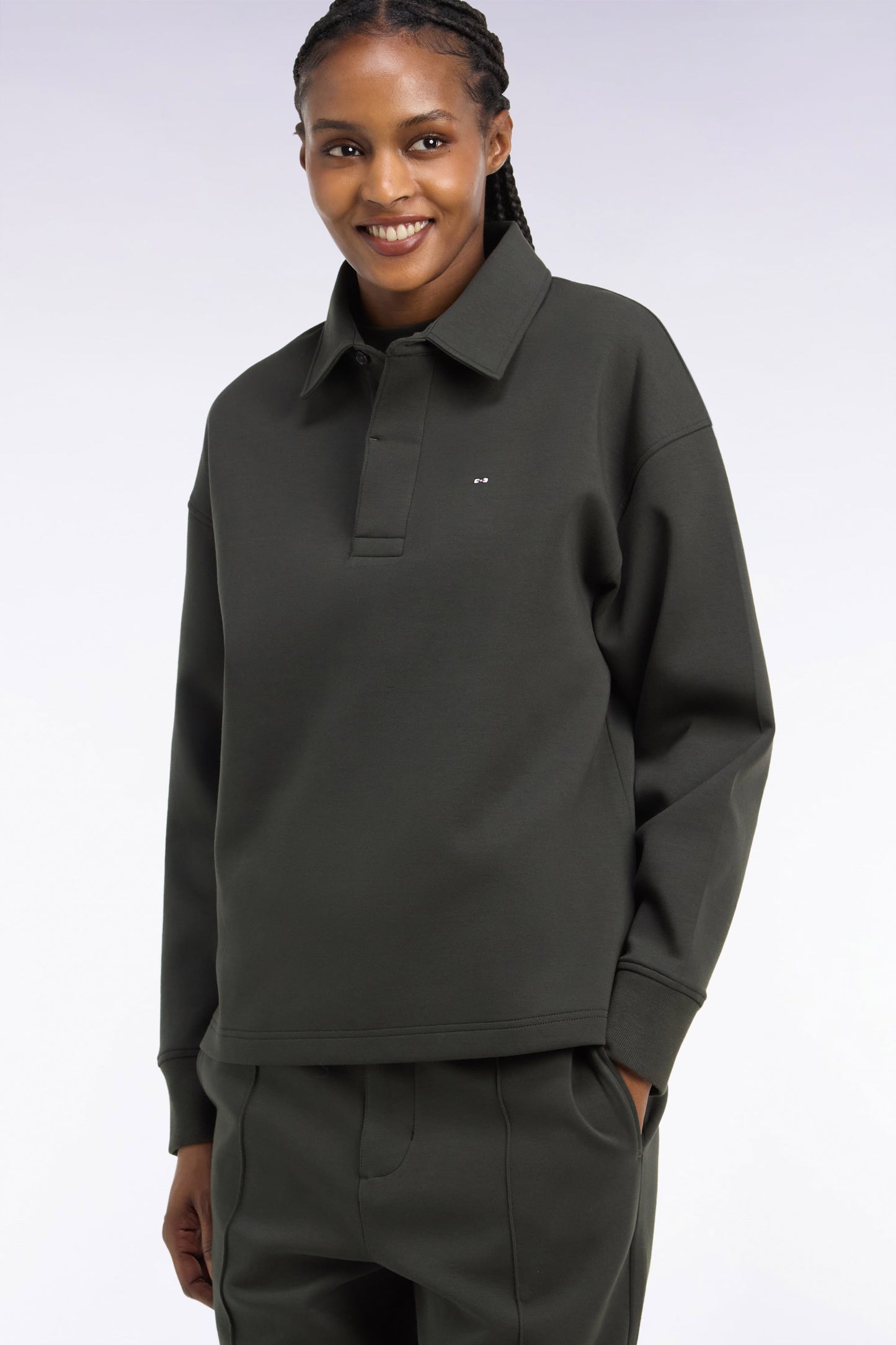 Sweatshirt unisexe à col maillot en interlock de coton kaki