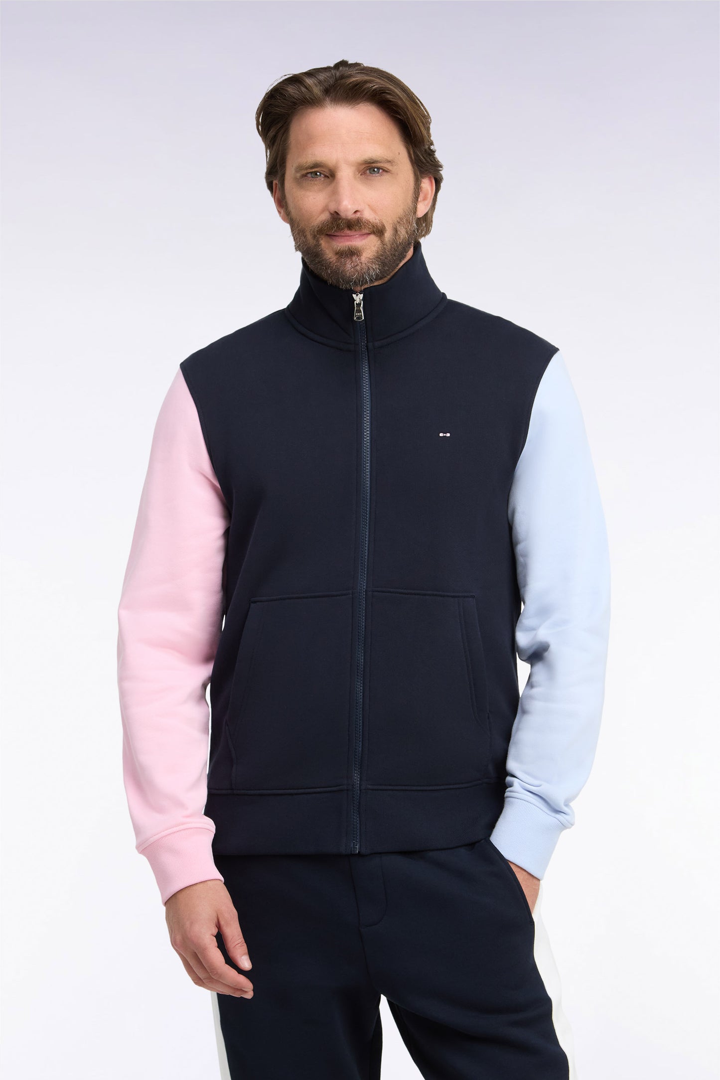 Sweatshirt zippé en molleton coton tricolore brodé coupe droite