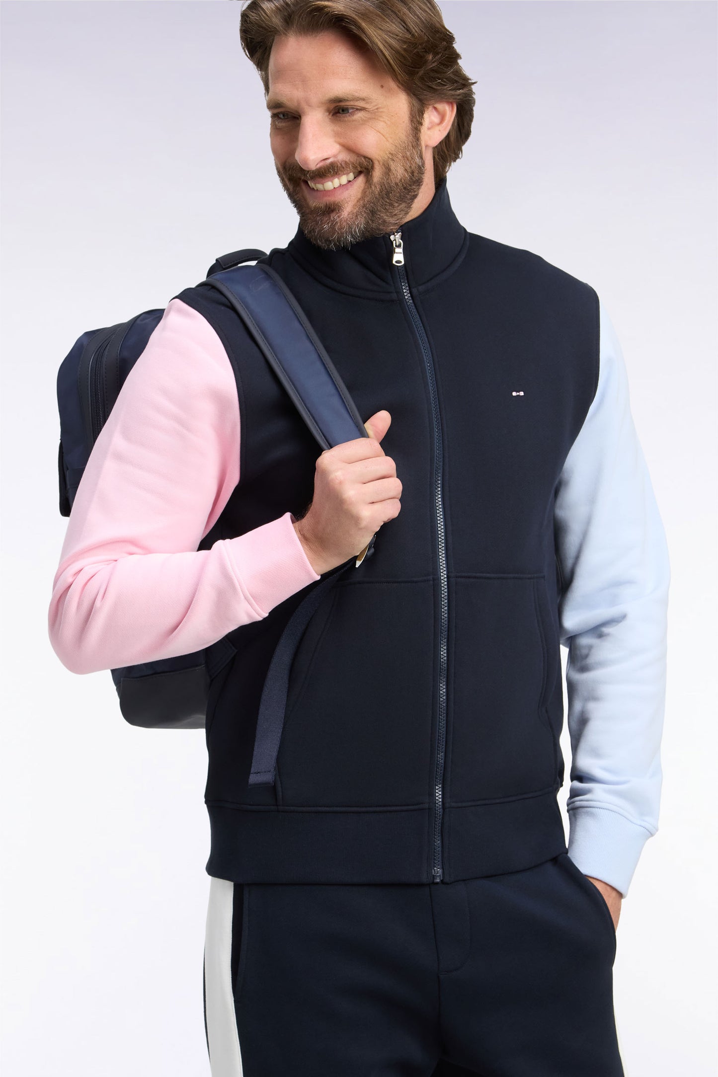 Sweatshirt zippé en molleton coton tricolore brodé coupe droite