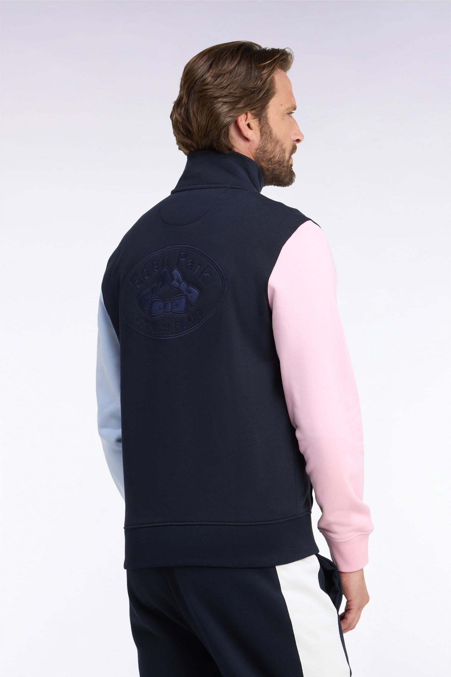 Sweatshirt zippé en molleton coton tricolore brodé coupe droite
