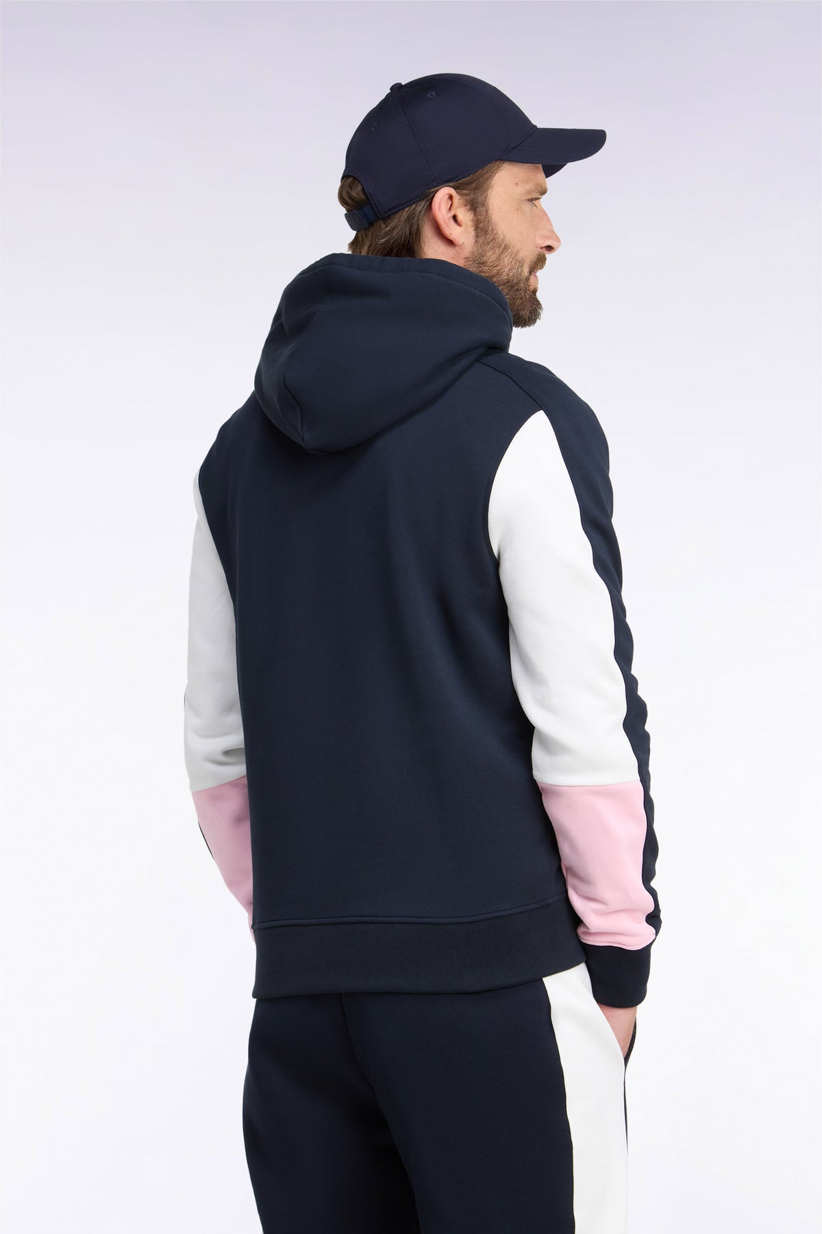Sweatshirt à capuche en coton marine à découpes de manches coupe droite