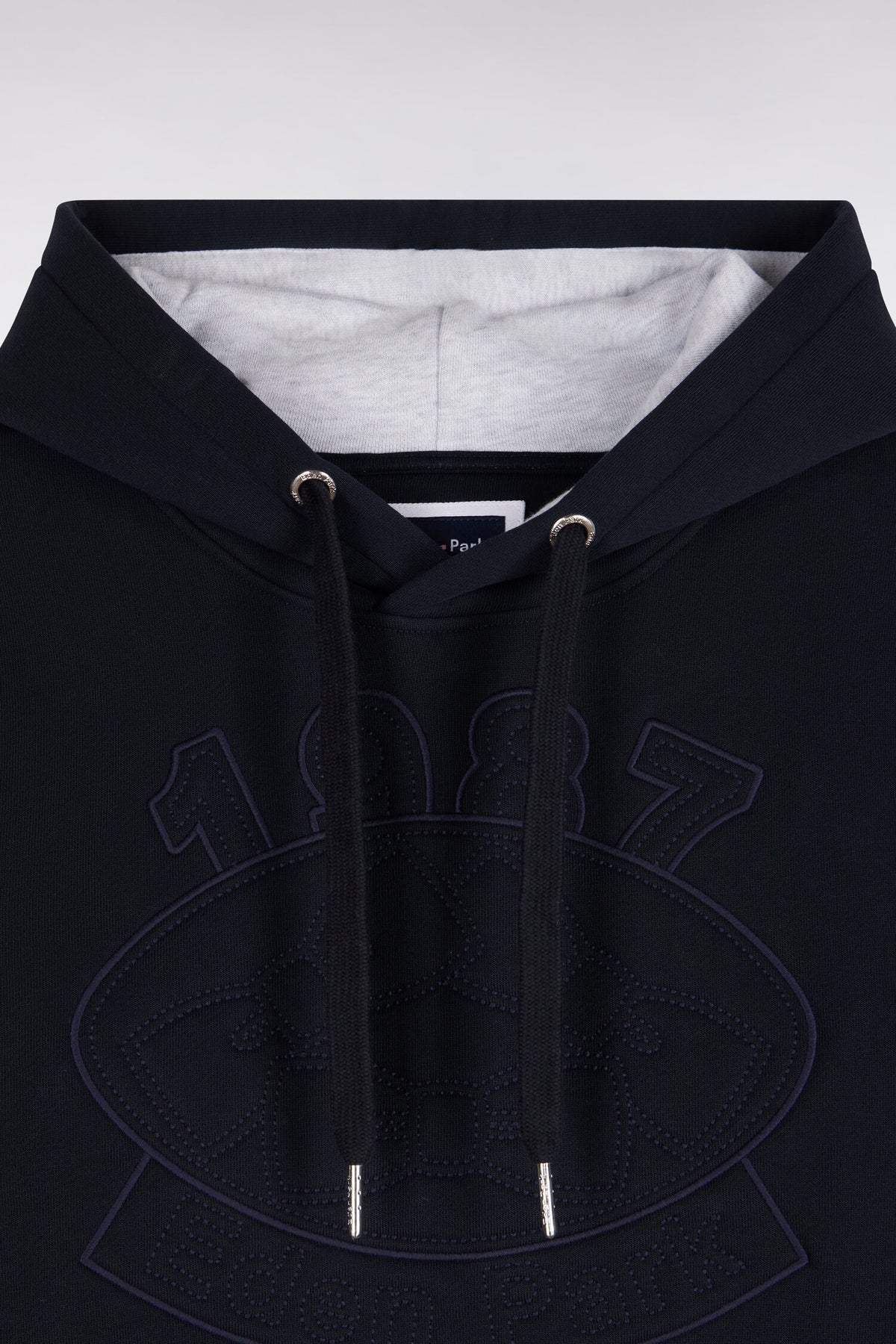 Straight cut embroidered navy cotton fleece hooded sweatshirt