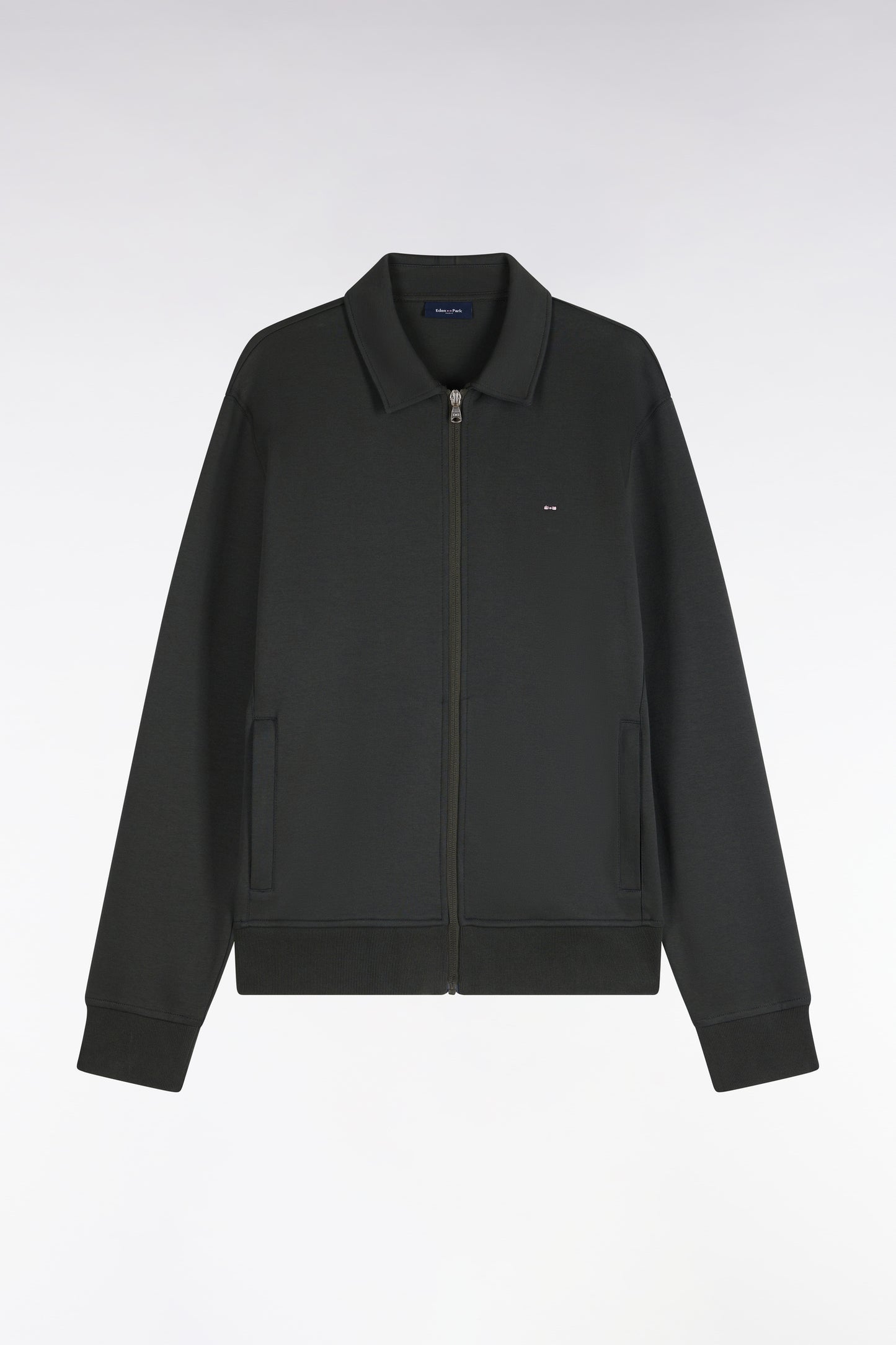 Sweatshirt zippé à col polo en coton kaki coupe droite