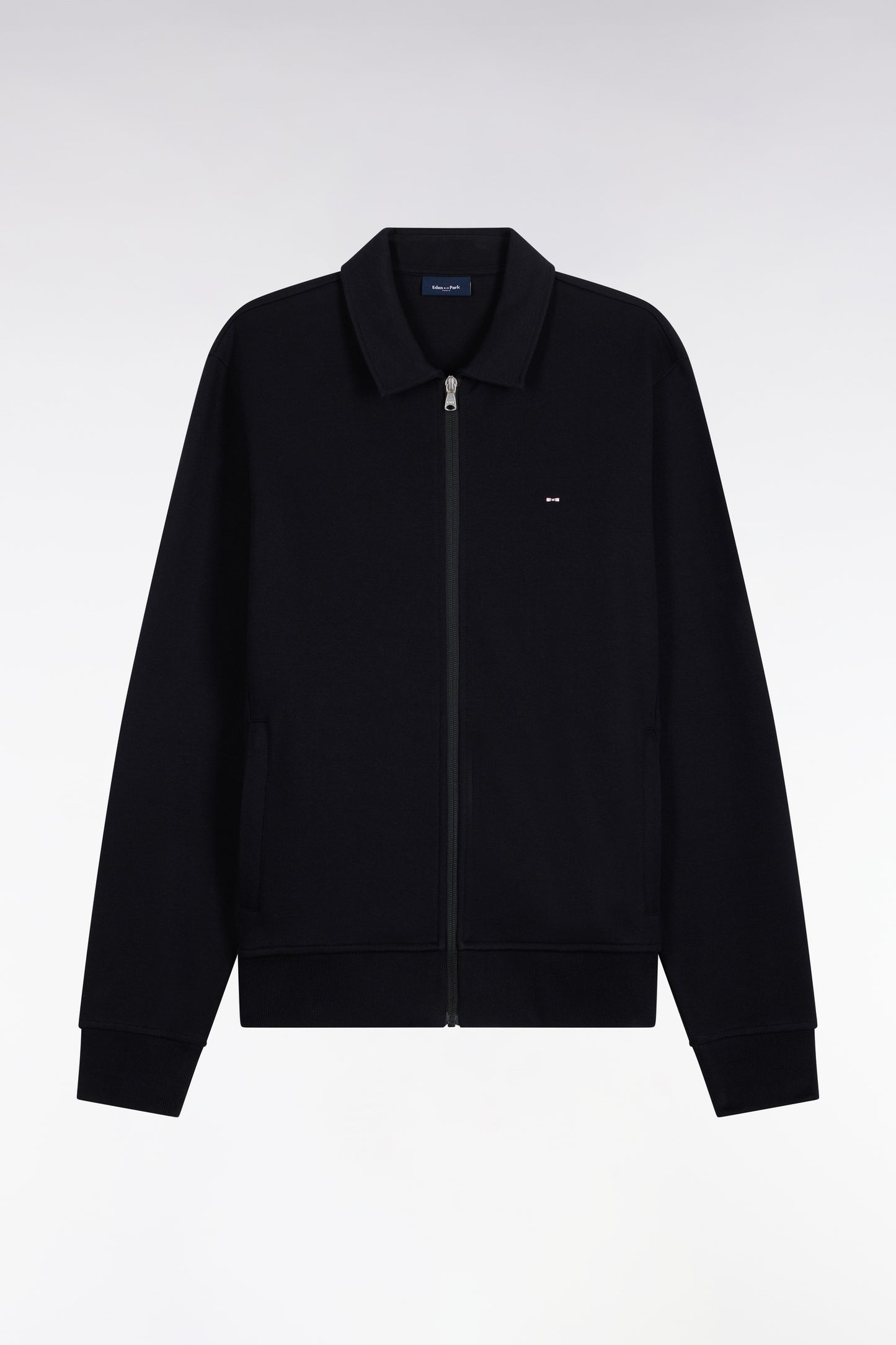 Sweatshirt zippé à col polo en coton noir coupe droite