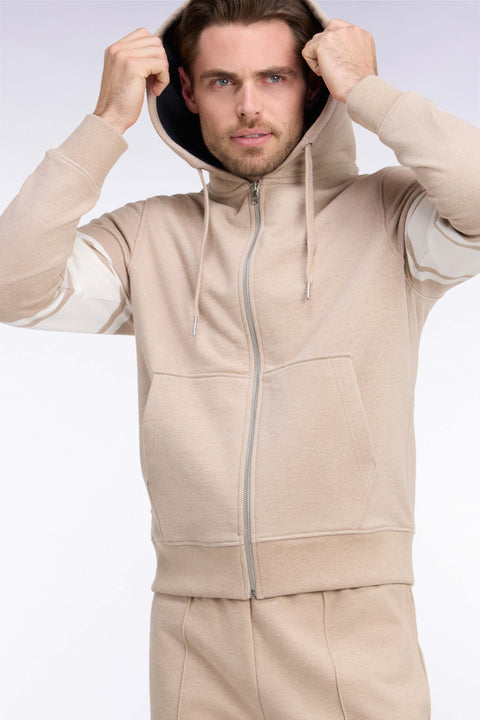 Sweatshirt à capuche zippé en molleton coton beige coupe droite - Image 1