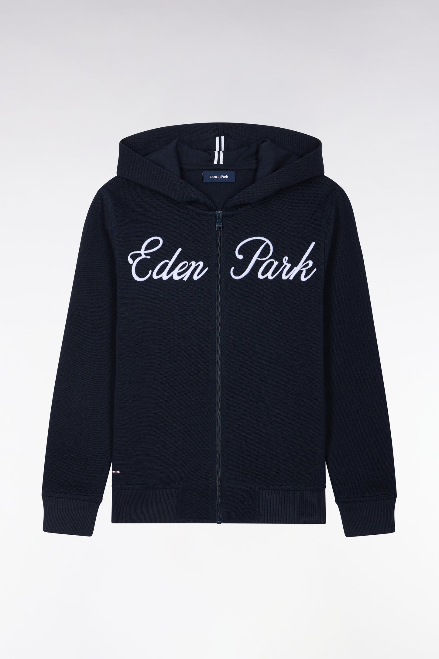 Sweatshirt à capuche zippé marine broderie Eden Park coupe droite
