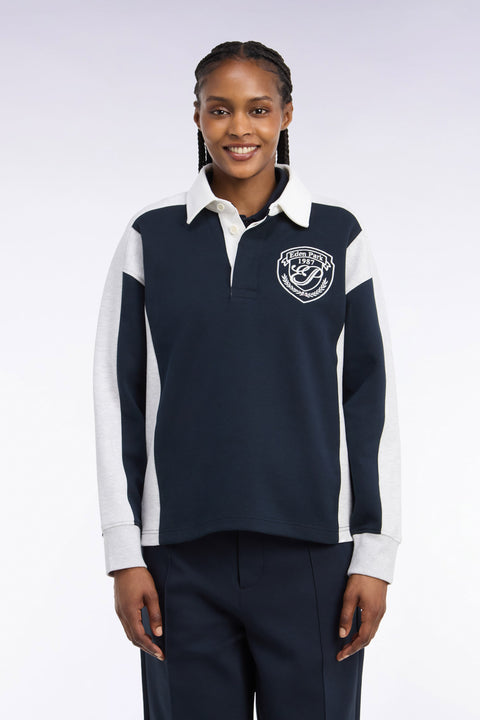 Sweatshirt unisexe à col maillot en interlock marine et découpes contrastées coupe loose - Image 3