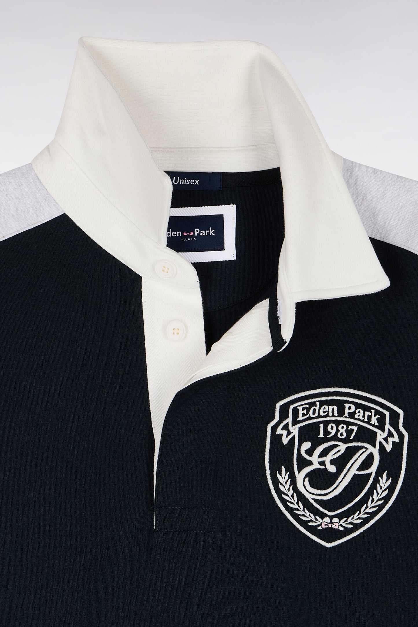 Sweatshirt unisexe à col maillot en interlock marine et découpes contrastées coupe loose