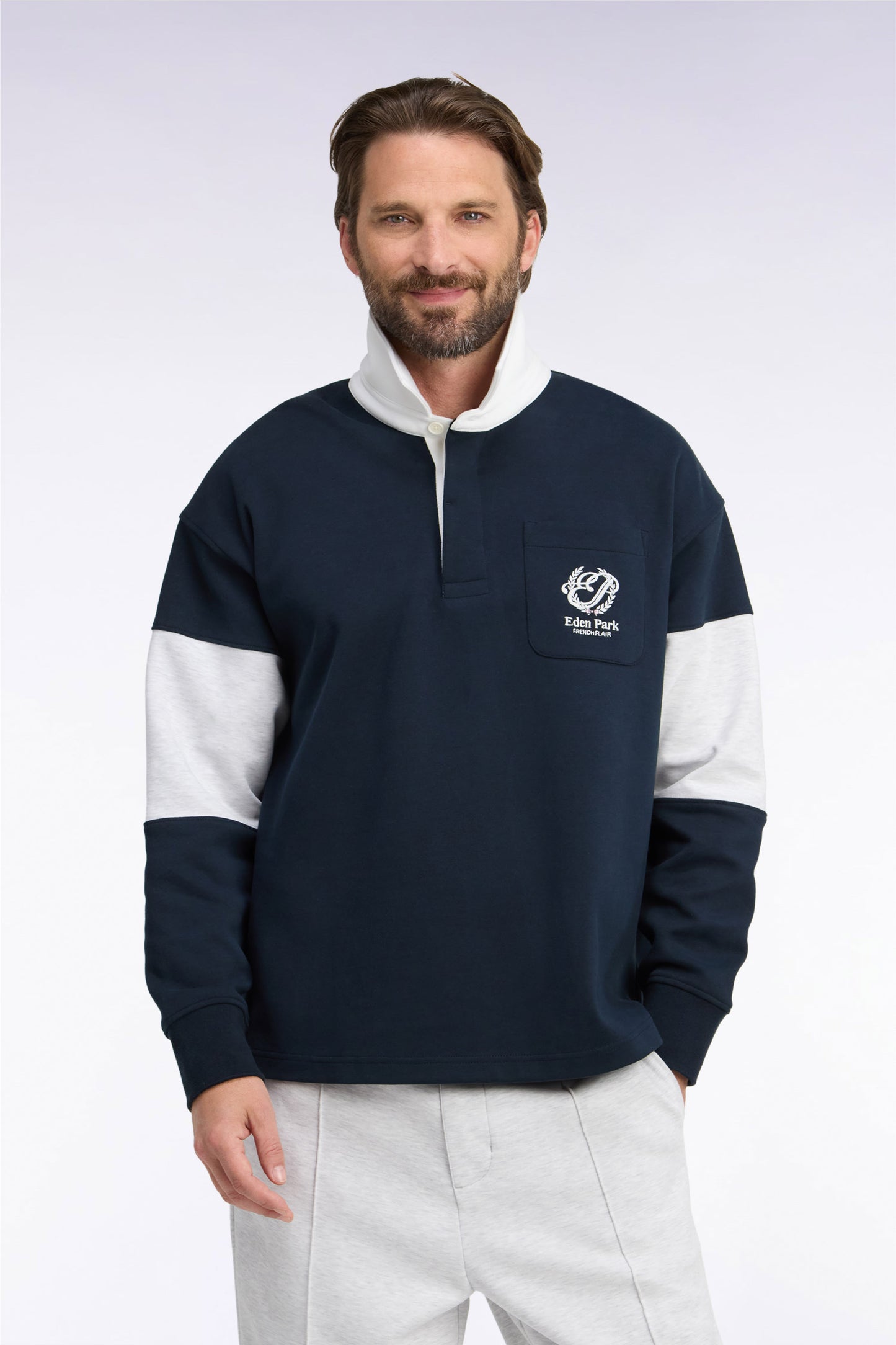 Sweatshirt unisexe à col maillot en interlock marine broderies héritage coupe loose