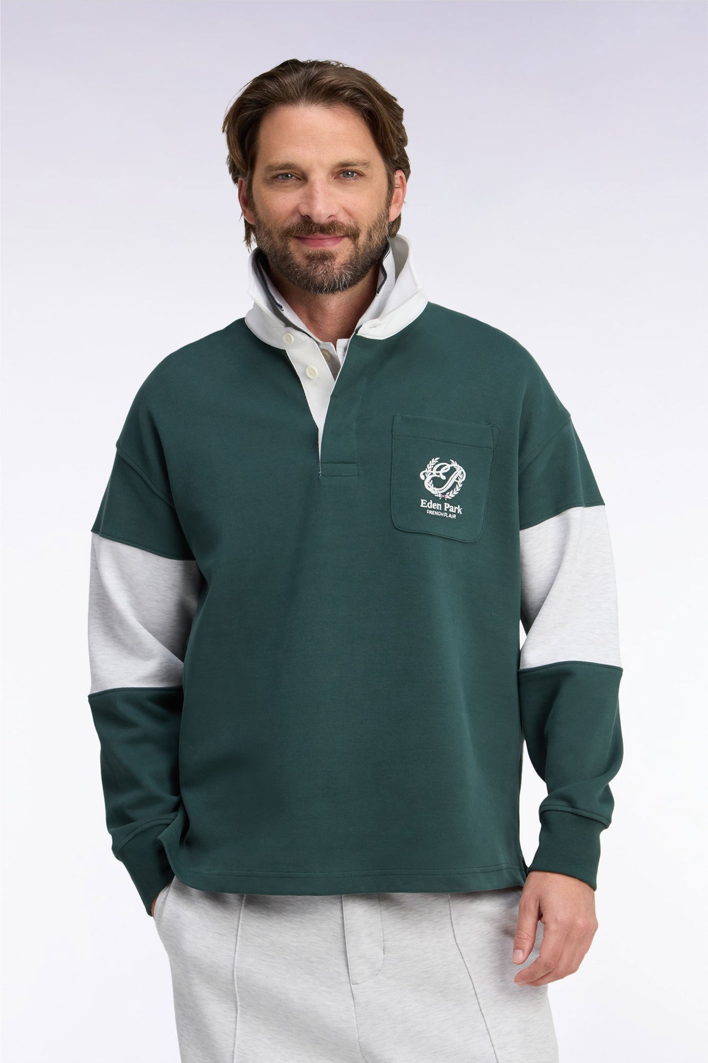 Sweatshirt unisexe à col maillot en interlock vert broderies héritage coupe loose