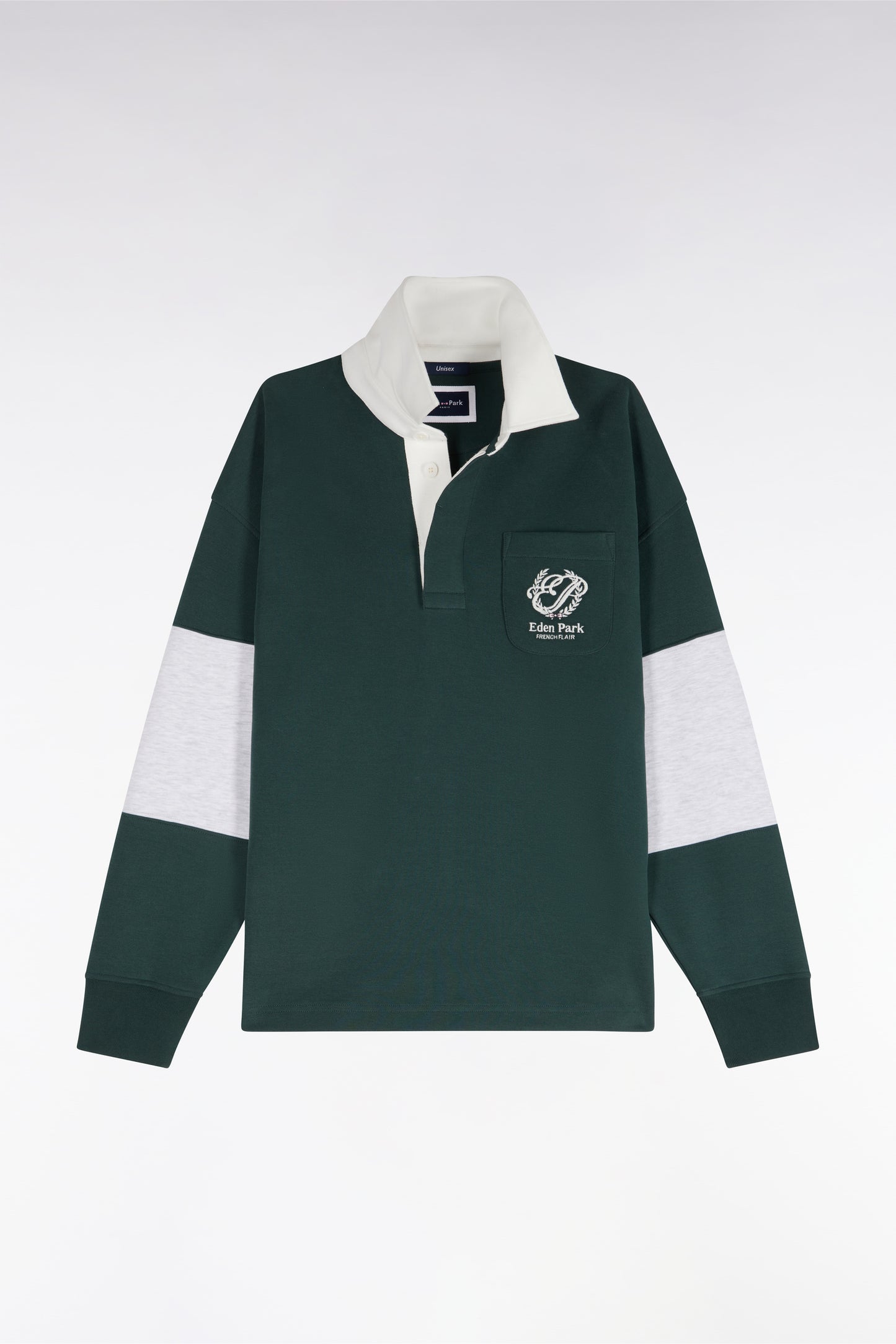Sweatshirt unisexe à col maillot en interlock vert broderies héritage coupe loose