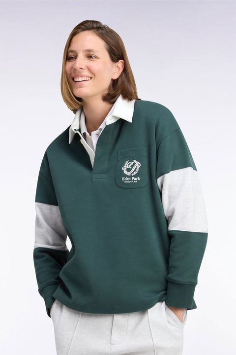 Sweatshirt unisexe à col maillot en interlock vert broderies héritage coupe loose - Image 1