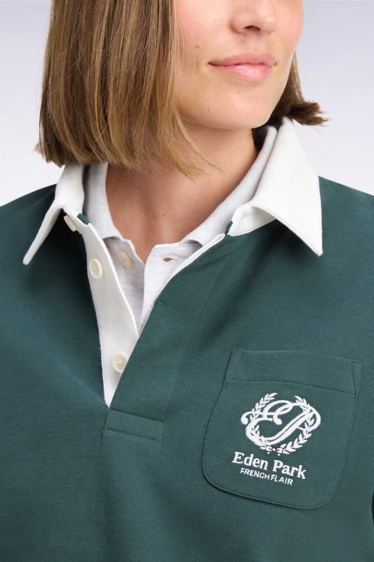 Sweatshirt unisexe à col maillot en interlock vert broderies héritage coupe loose