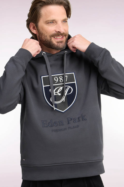 Khaki cotton fleece hooded sweatshirt with heritage embroidery, straight cut - Image 1