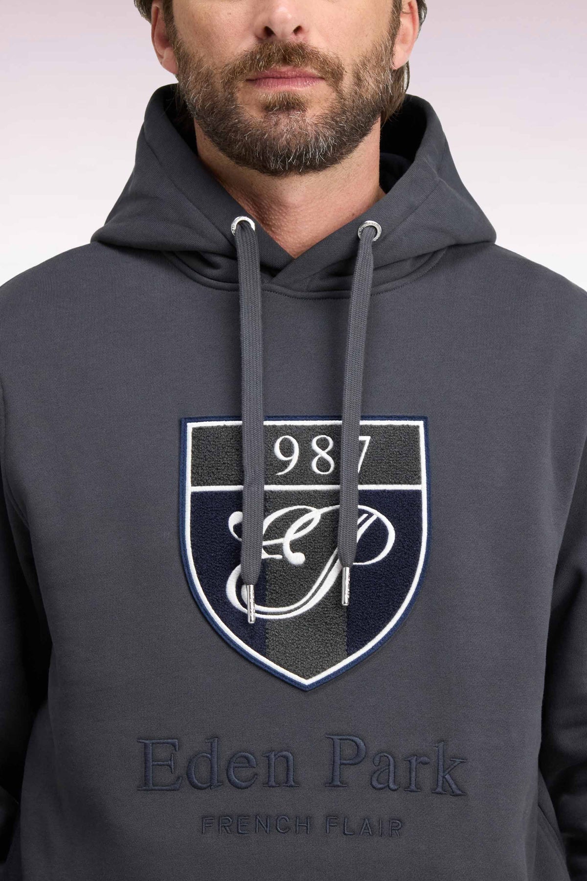 Khaki cotton fleece hooded sweatshirt with heritage embroidery, straight cut