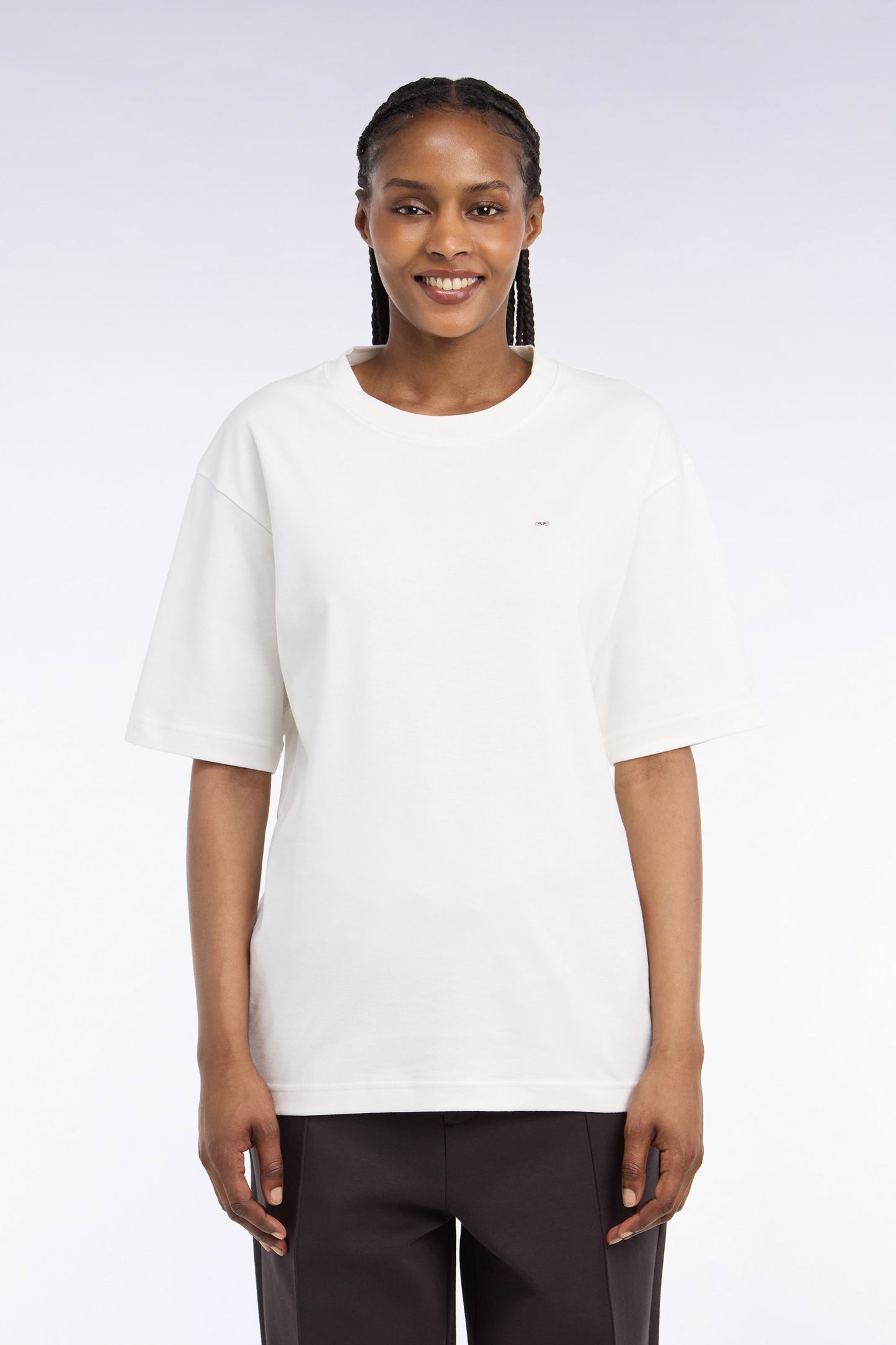 T-shirt col rond unisexe à manches courtes en coton mercerisé écru coupe loose