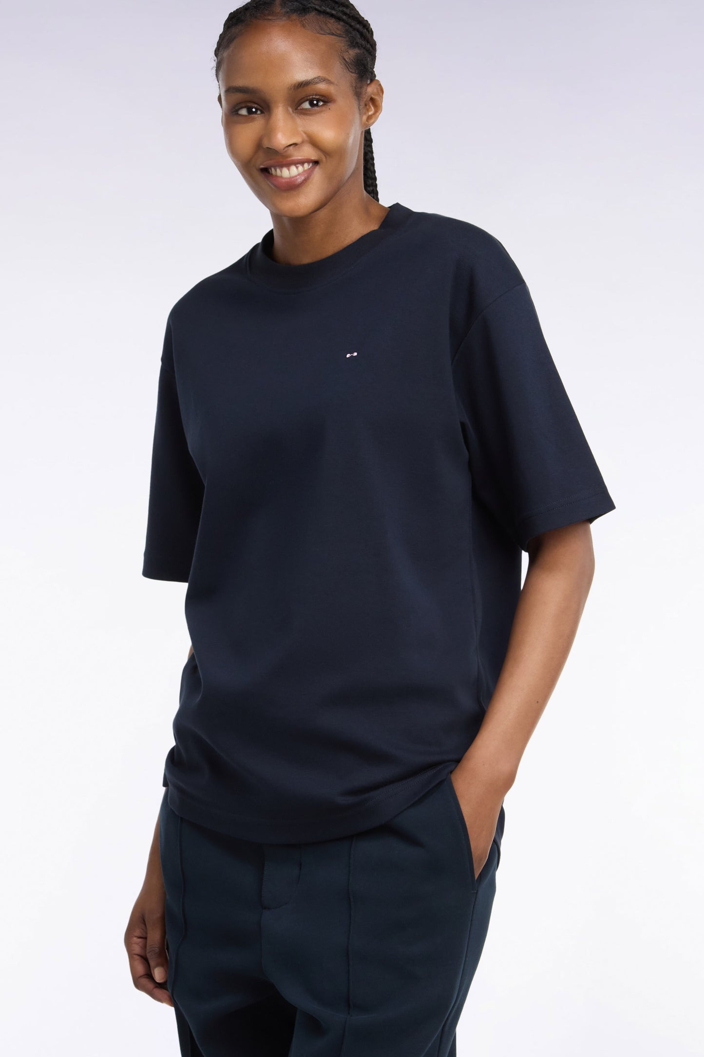 T-shirt col rond unisexe à manches courtes en coton mercerisé marine coupe loose