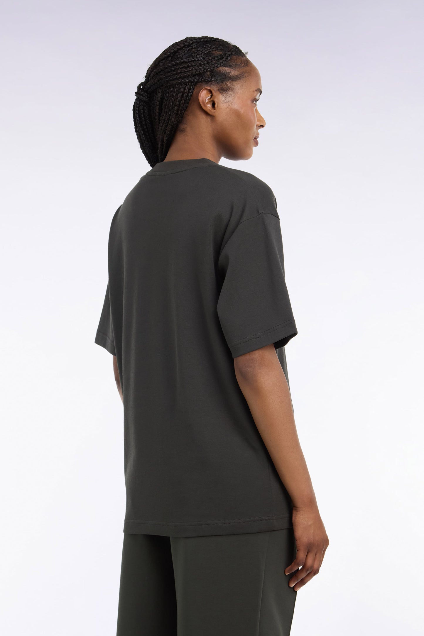 T-shirt col rond unisexe à manches courtes en coton mercerisé kaki coupe loose