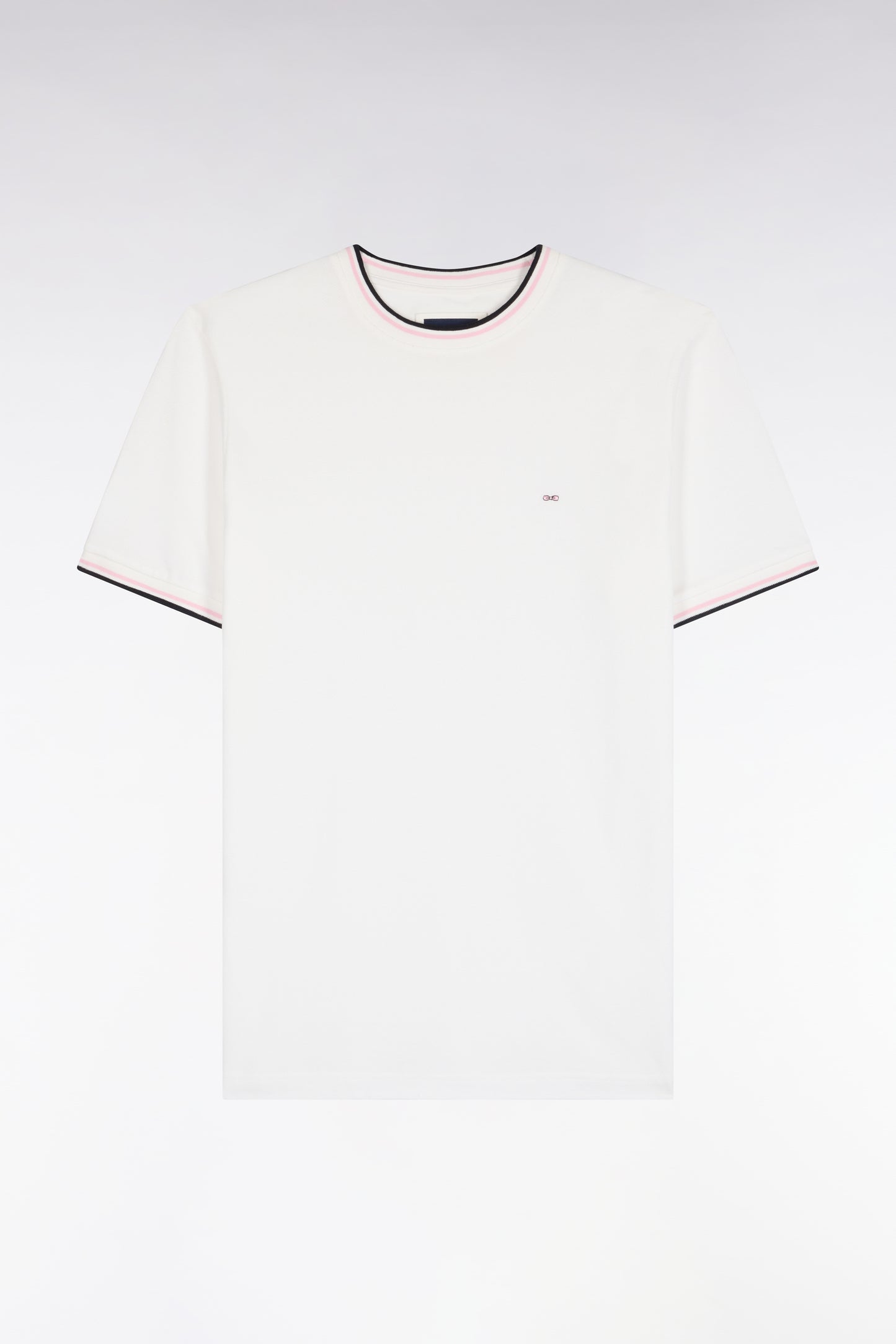 T-shirt manches courtes en coton écru à bords-côtes rayés coupe droite