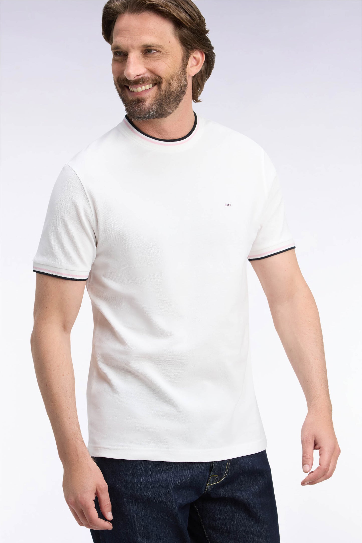 T-shirt manches courtes en coton écru à bords-côtes rayés coupe droite