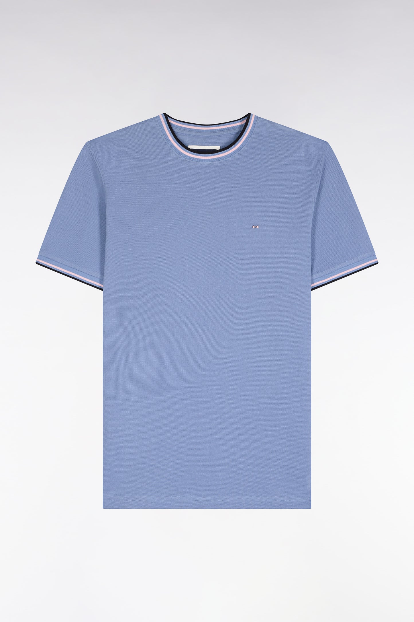 T-shirt manches courtes en coton bleu à bords-côtes rayés coupe droite