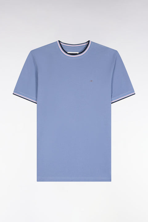 T-shirt manches courtes en coton bleu à bords-côtes rayés coupe droite - Image 2